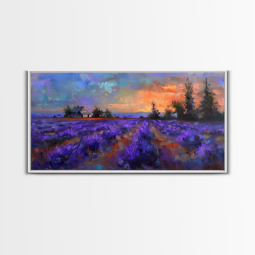 Sunset Over Lavender Field, Romantic Landscape Art, Framed Canvas Print, Cottagecore Decor, Purple Wall Art, Farmhouse Style