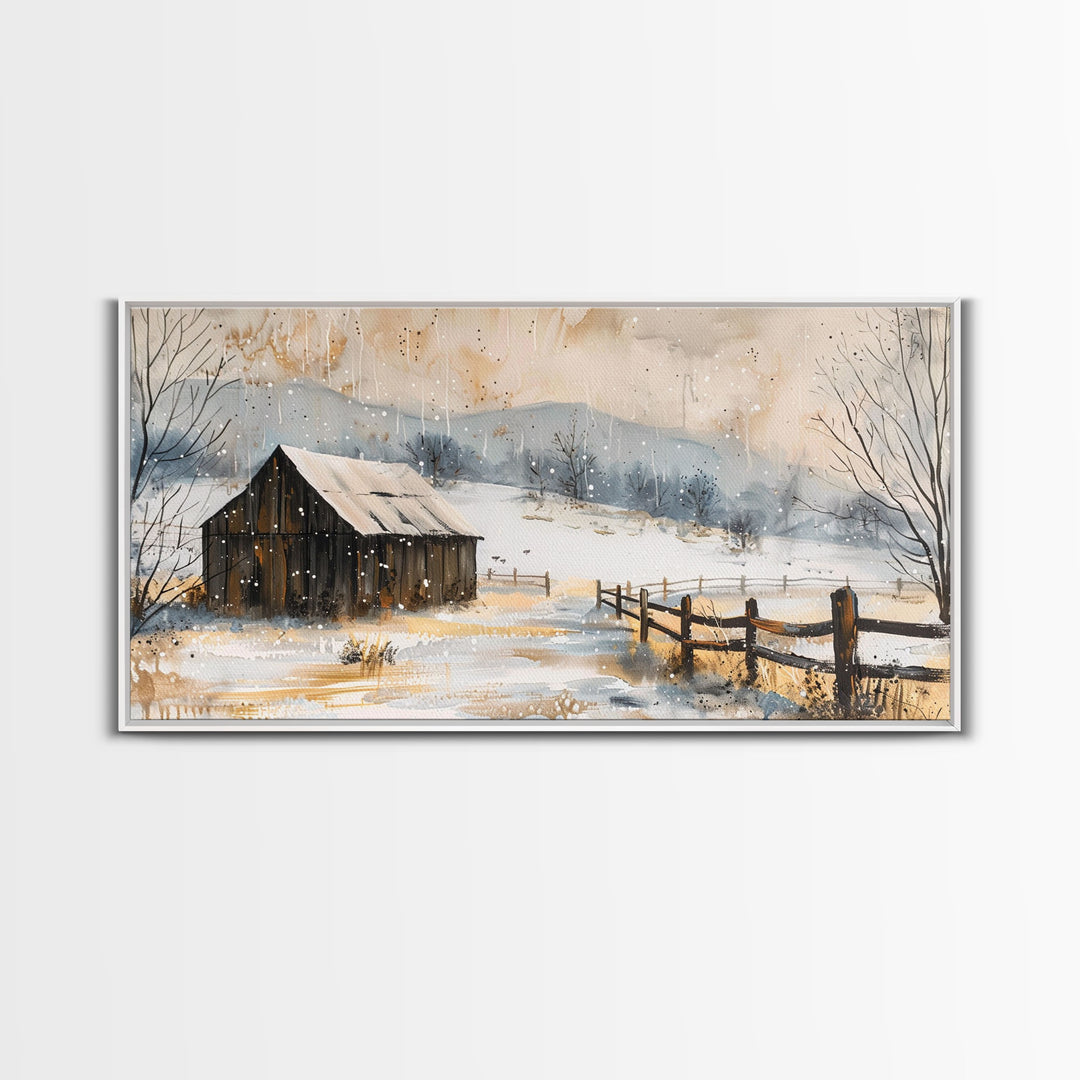 Snowy Barn in Winter Field, Framed Canvas Print, Rustic Wall Art, Living Room Decor, Farmhouse Style, Winter Landscape