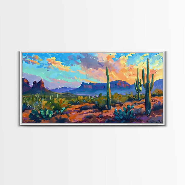 Desert Sunset with Cacti and Mountains, Abstract Southwestern Art, Framed Canvas Print, Rustic Boho Wall Decor, Living Room Art