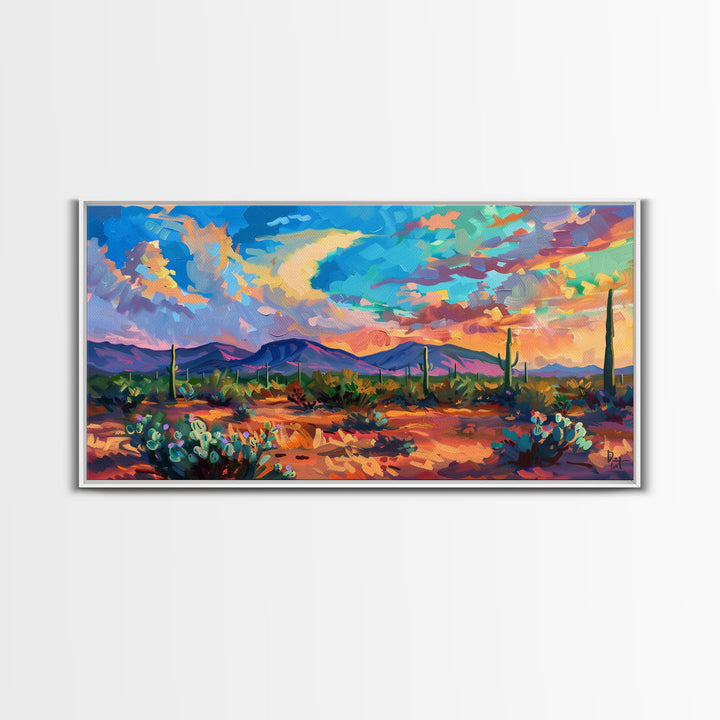 Vibrant Desert Sunset Landscape with Cacti, Framed Canvas Print for Living Room Art, Perfect for Boho and Southwestern Decor