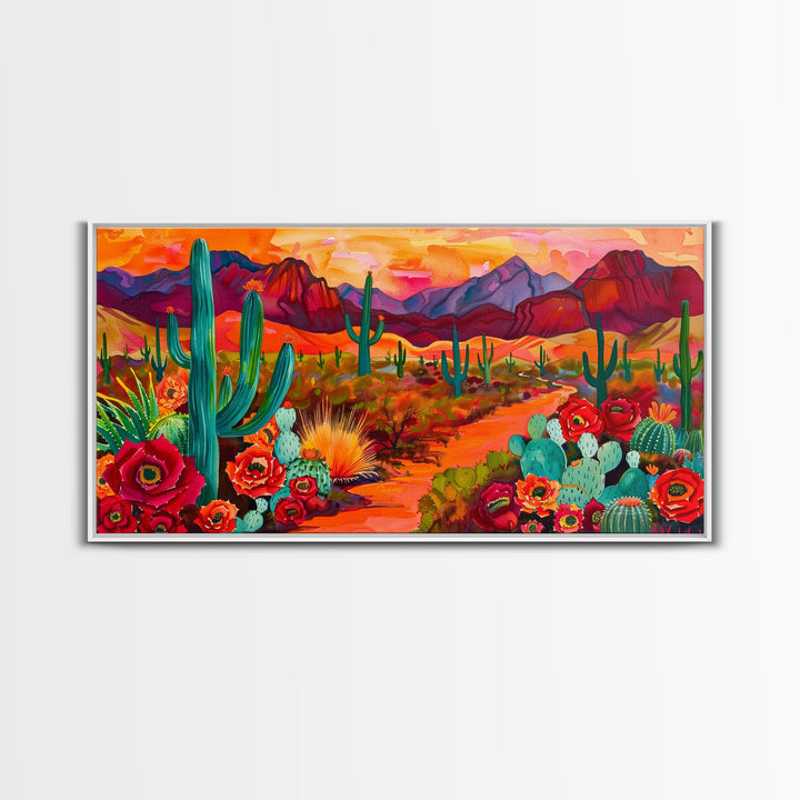 Vibrant desert scene with cacti and blooming flowers, Framed Canvas Print for boho living room, southwestern home decor art