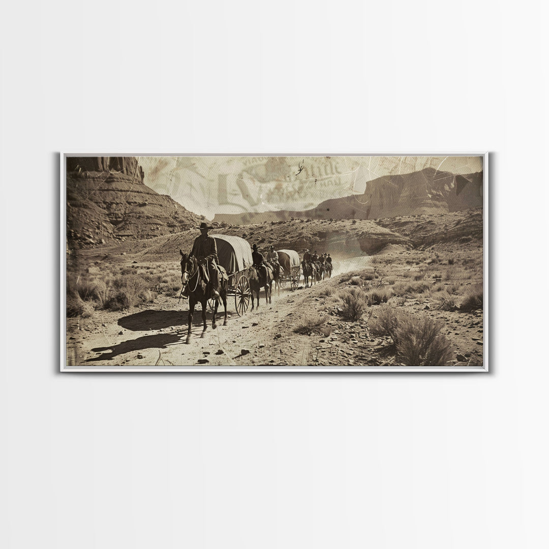 Western Wagon Trail through Desert Canyon, Framed Canvas Print for Farmhouse Living Room Wall Art, Vintage Home Decor, Rustic Scene