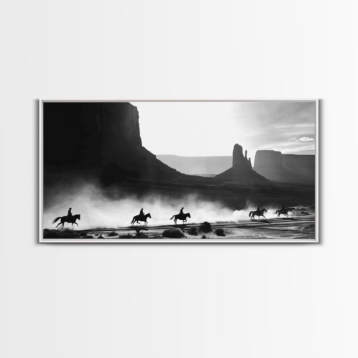 Western Riders Traversing Desert Valley, Captivating Framed Canvas Print, Wall Art for Living Room or Bedroom, Unique Decor