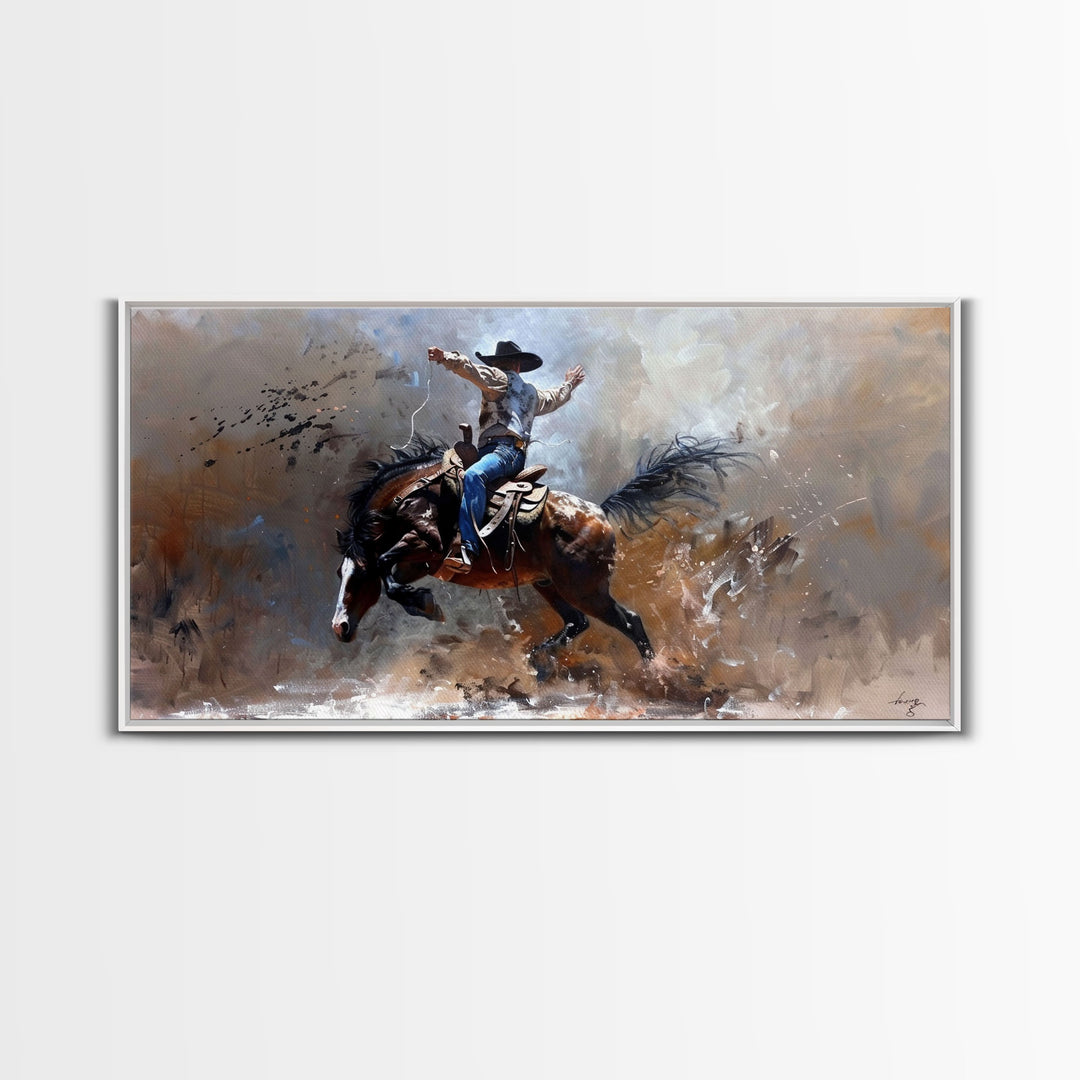 Rodeo Cowboy on Bucking Horse, Farmhouse Style Framed Canvas Print for Bedroom Wall Art, Rustic Home Decor, Western Action Art