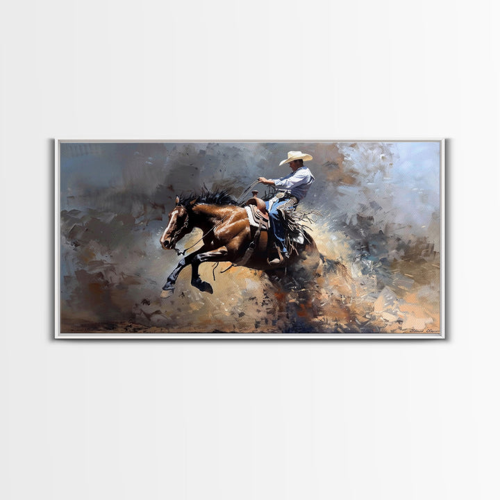 Intense Rodeo Bucking Horse and Cowboy, Vibrant Framed Canvas Print, Great for Western Living Room Art, Bedroom Decor, Rustic Home Wall Art