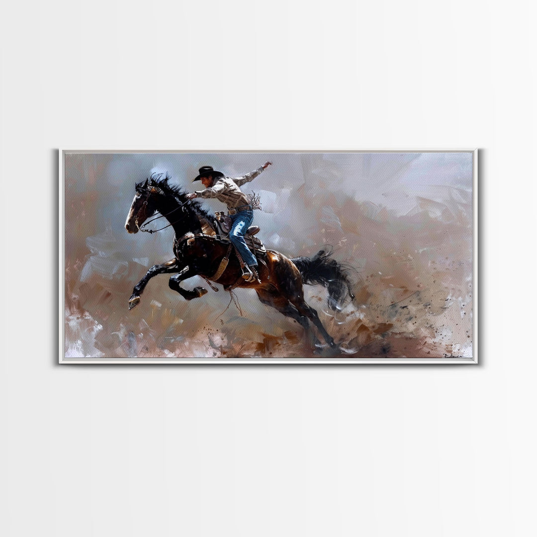 Action-Packed Rodeo Scene with Bucking Horse, Beautiful Framed Canvas Print, Western Living Room Art, Rustic Bedroom Decor, Wall Art