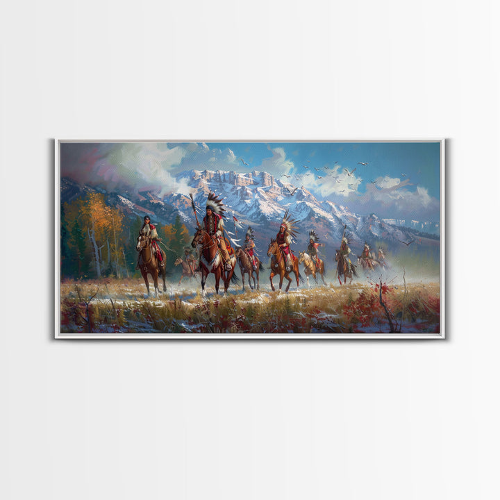 Native American Warriors Riding Through Snow-Capped Mountains, Ideal Wall Art, Framed Canvas Print Living Room Bedroom Decor, Historical Art