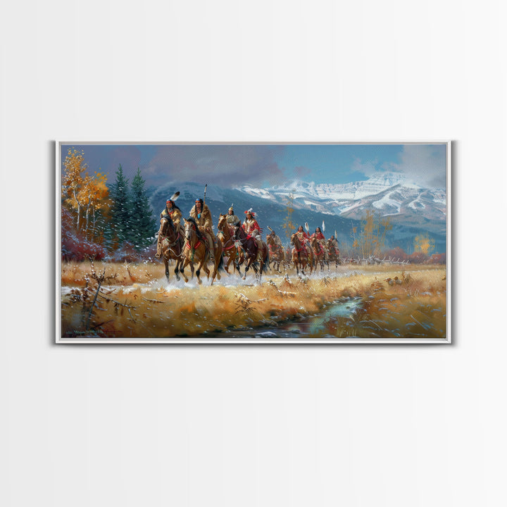 Tribal Warriors Journeying Through Snowy Landscape, Perfect Wall Art, Framed Canvas Print for Living Room or Bedroom Decor, Historical Art