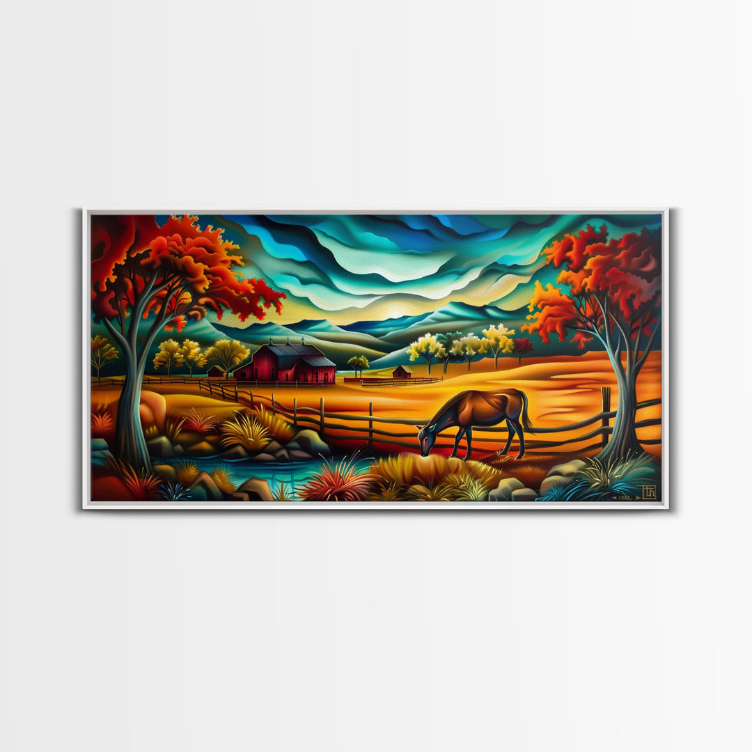 Abstract Colorful Farm Scene with Grazing Horse, Ideal Wall Art, Framed Canvas Print for Living Room or Bedroom Decor, Vibrant Nature Art