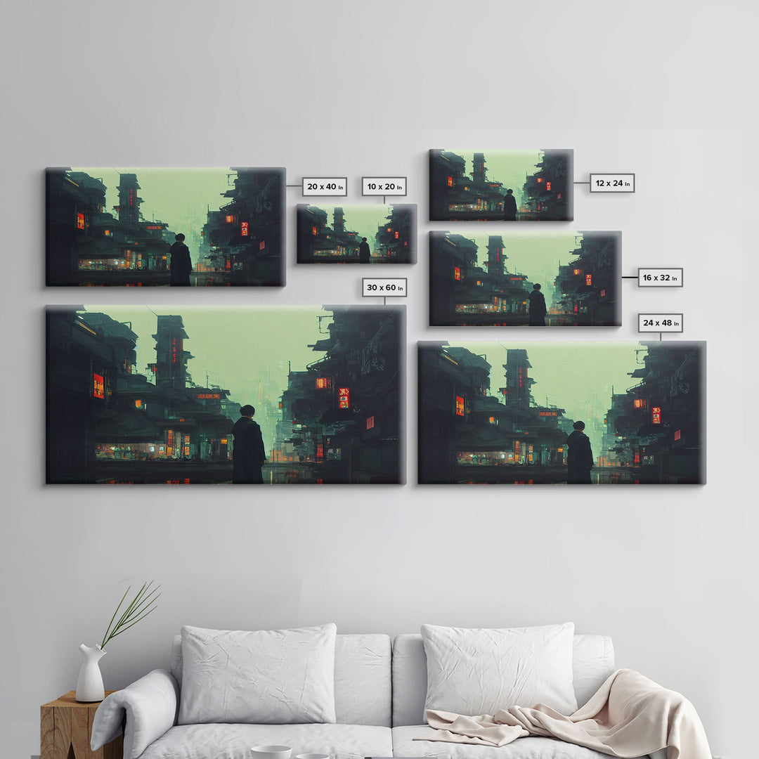 Japanese Style Cyberpunk City, Futuristic Cyberpunk Art, Framed Canvas Print, Ready To Hang Wall Art, Framed Wall Art, Hard Boiled