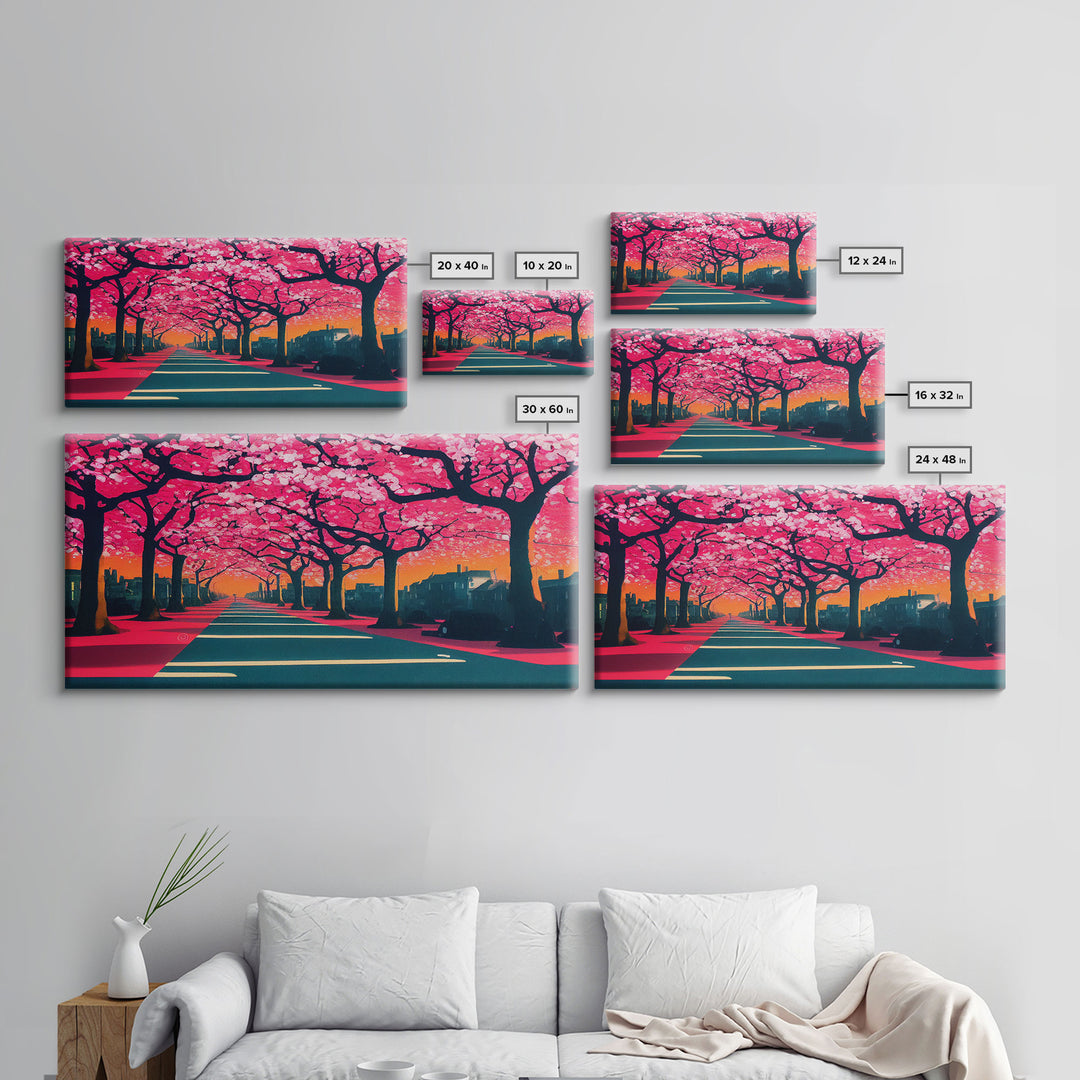 Street lined with Cherry Blossoms, Cherry Blossom Tree  Art, Framed Canvas Print, Ready To Hang Wall Art, Framed Wall Art