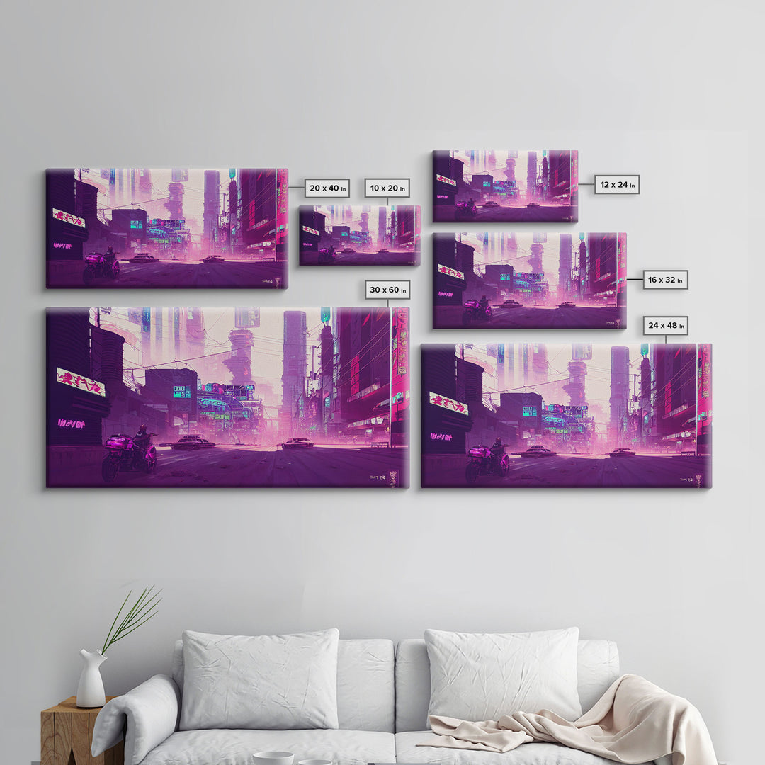 Cyberpunk Watercolor Tokyo Painting, Outrun Vibes Art, Wall Decor, Ready To Hang Framed Canvas Print, Oversize Wall Art