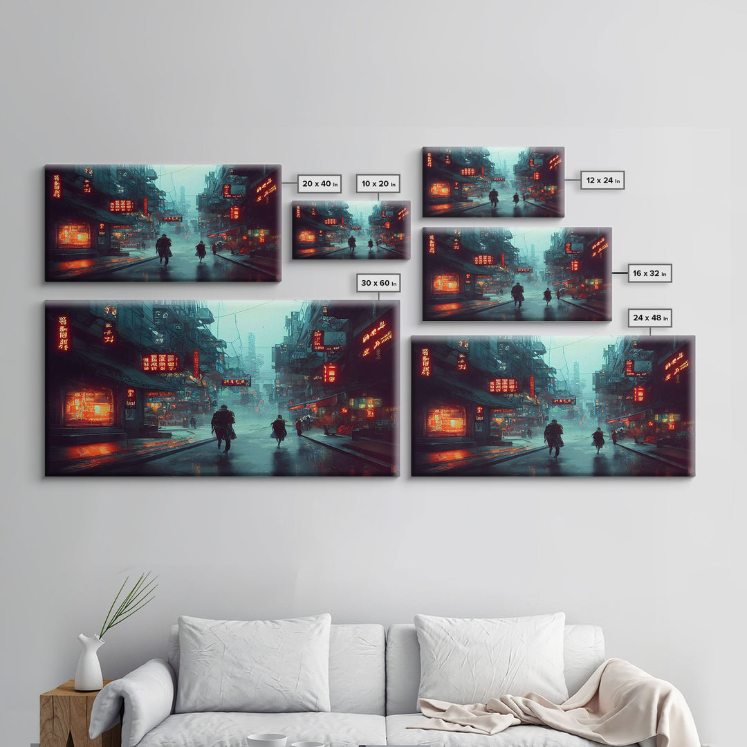 Cyberpunk City, Bladerunner Vibes Dystopian Cityscape, Wall Decor, Ready To Hang Framed Canvas Print, Oversize Wall Art