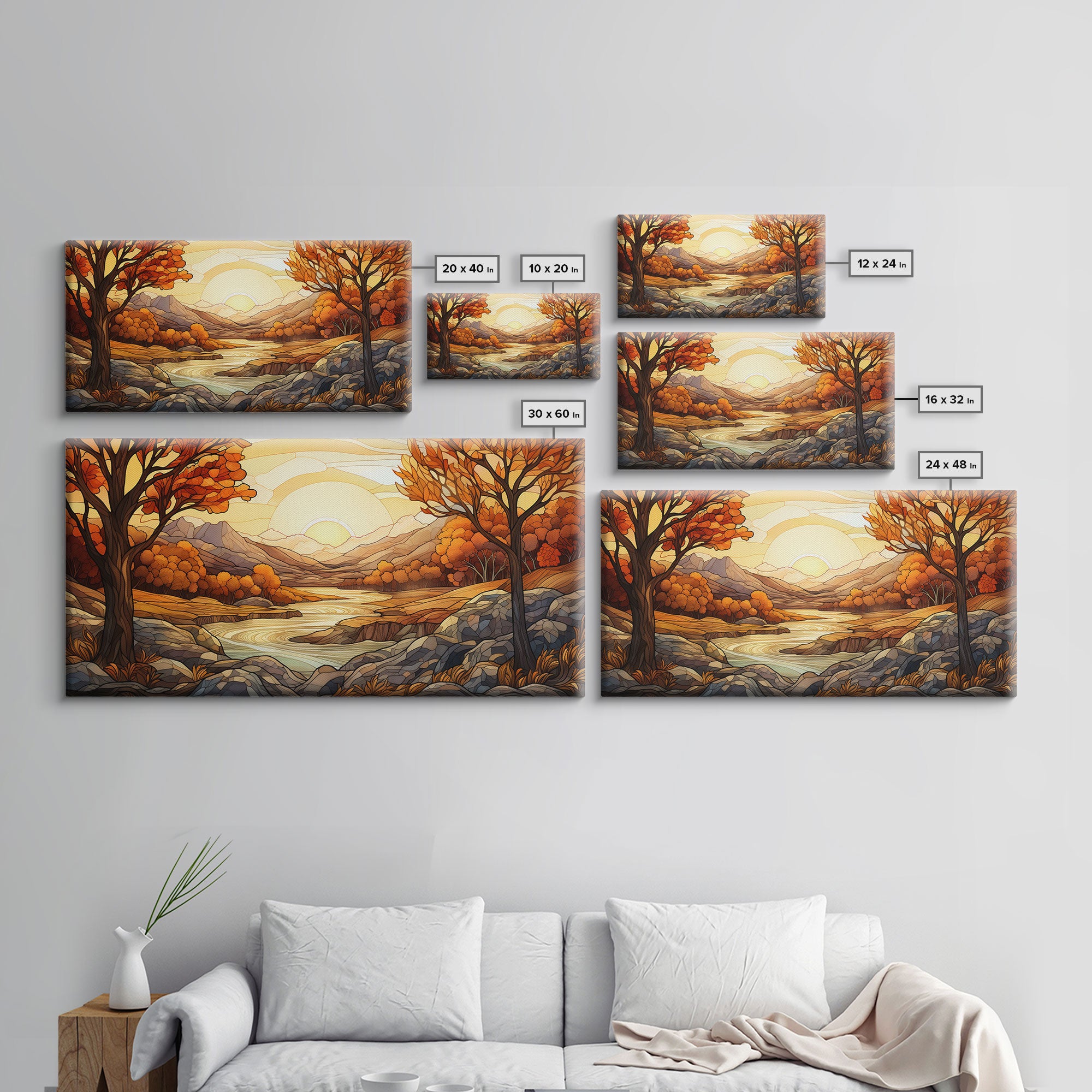 Fall Centerpiece Landscape Painting Canvas Print, Stained Glass Style Art, Stained Glass Wall Art, Autumn Decor, Rustic Fall Art, Fall Decor