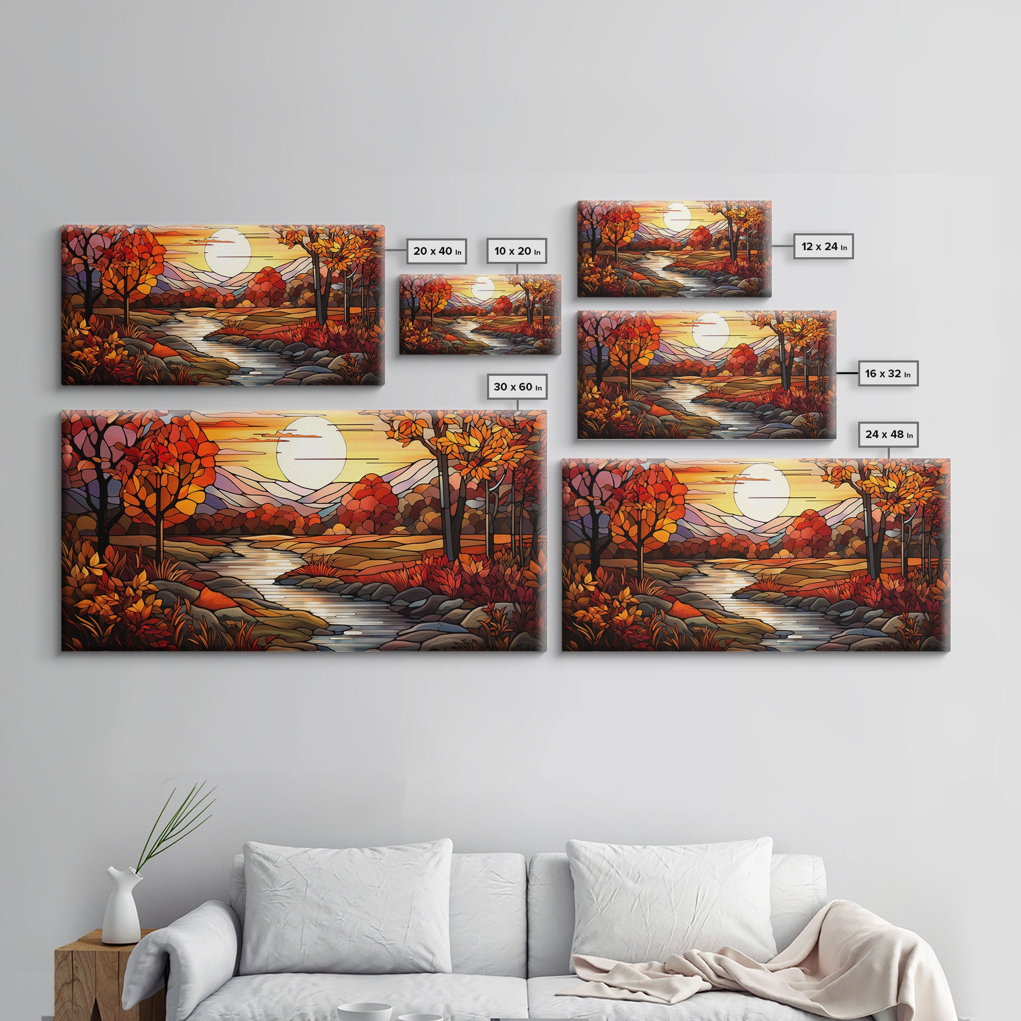 Fall Centerpiece Landscape Painting Canvas Print, Stained Glass Style Art, Stained Glass Wall Art, Autumn Decor, Rustic Fall Art, Fall Decor