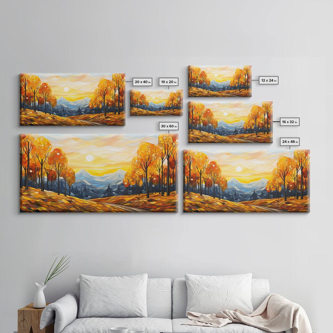 Fall Trees, Autumn Wall Art, Abstract Nature Painting, Sunset Art, College Dorm Decor, Camper Wall Decor, Canvas Wall Art, Panoramic Art