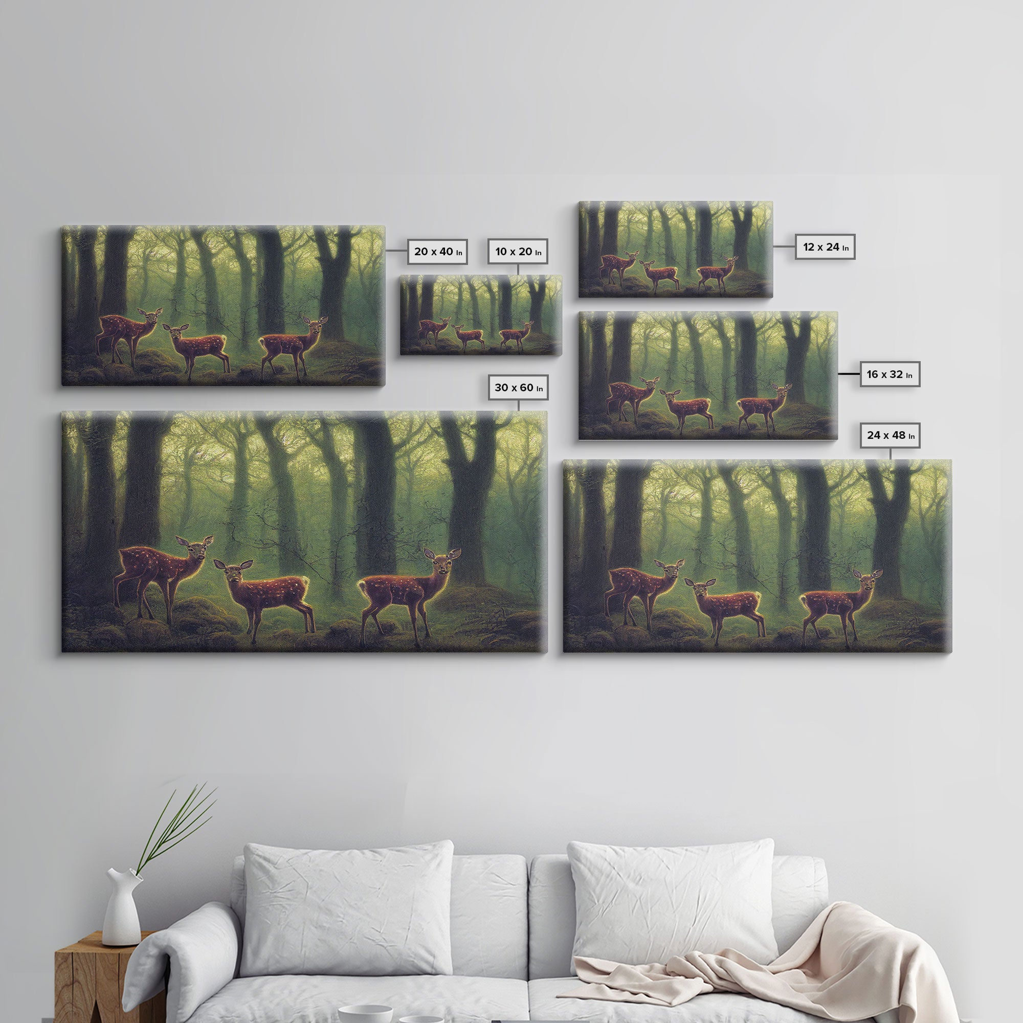 Does in a majestic forest, whitetail deer art, framed canvas print, ready to hang framed wall art