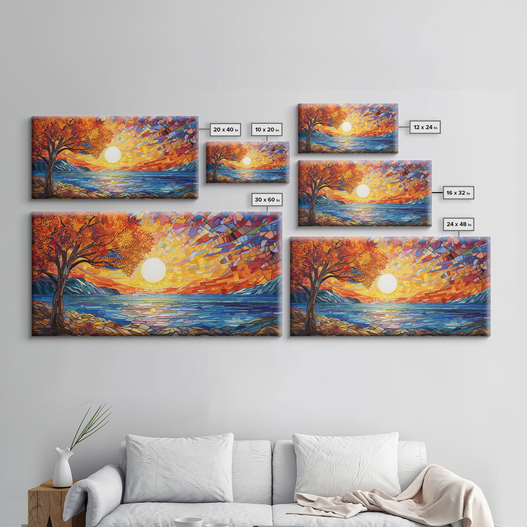 Mosaic Wall Art, Abstract Wall Print, Sunset, Lake Art, Canvas Print, Wall Hanging, Panoramic Art, Dining Room Decor, Realtor Thank You