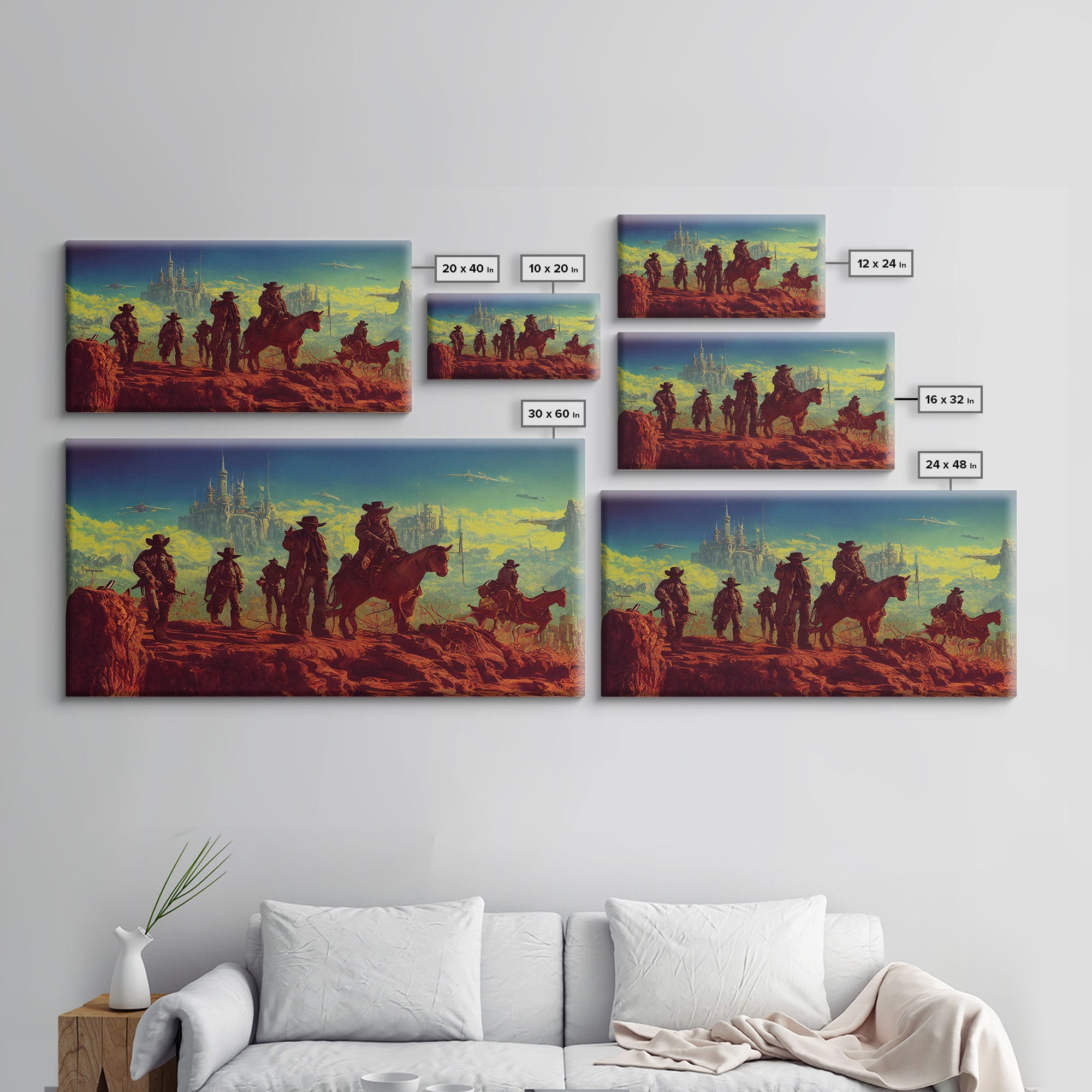 Space Cowboys, Wildwest Scifi Mashup Fantasy Art, framed canvas print, ready to hang framed wall art