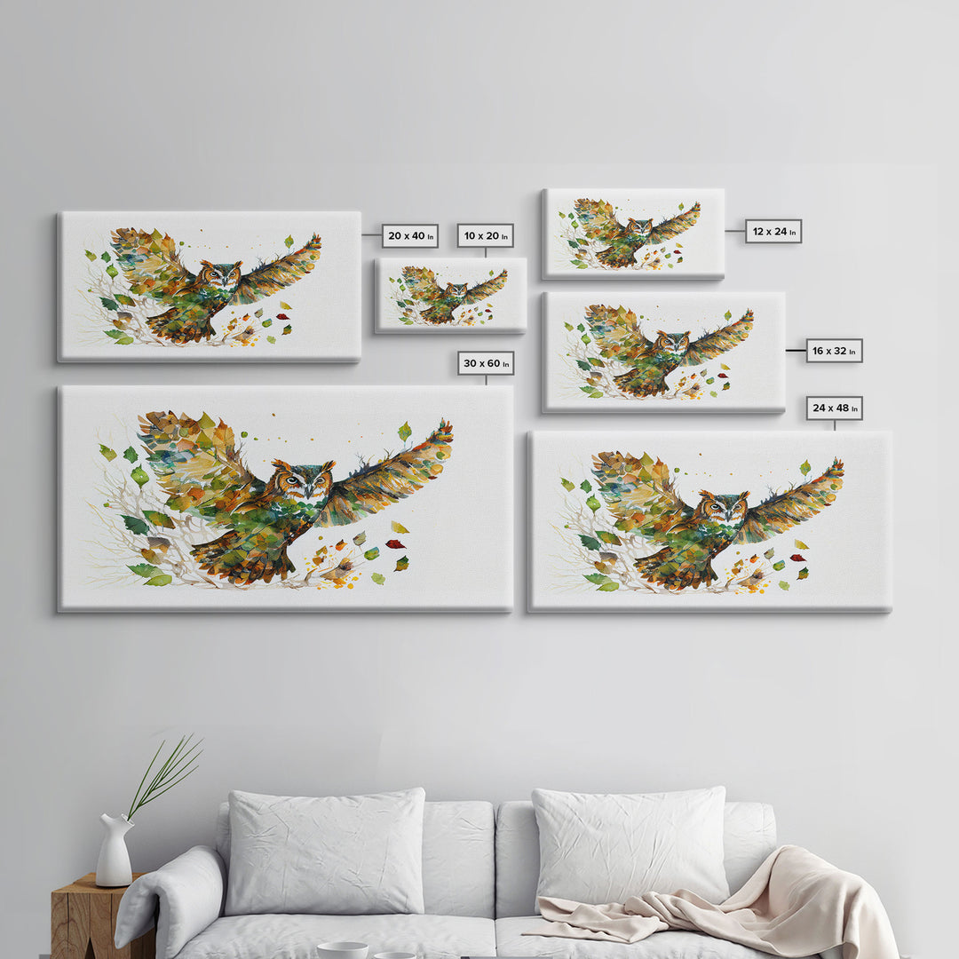 Owl wall art, framed canvas print, owl decor, nature art, owl print, owl painting, owl made of leaves double exposure art