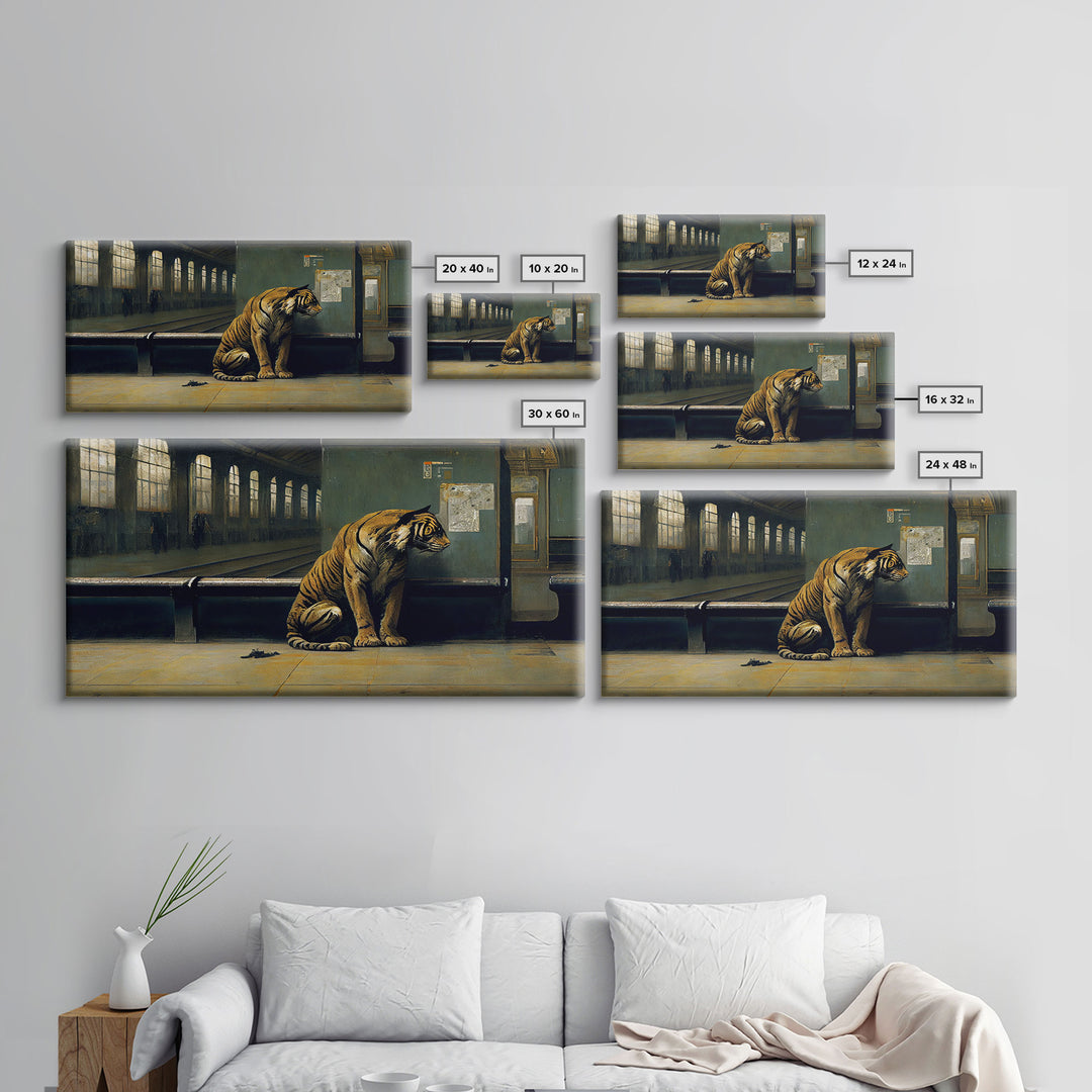 Tiger in a Subway train station, Post-apocalyptic urban decay art, framed canvas print