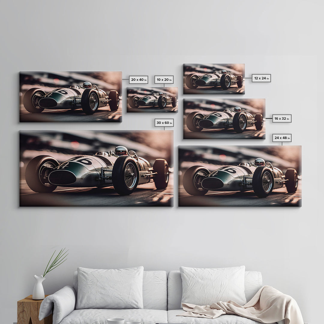 Vintage Race car art, racing art, framed canvas print, old style F1