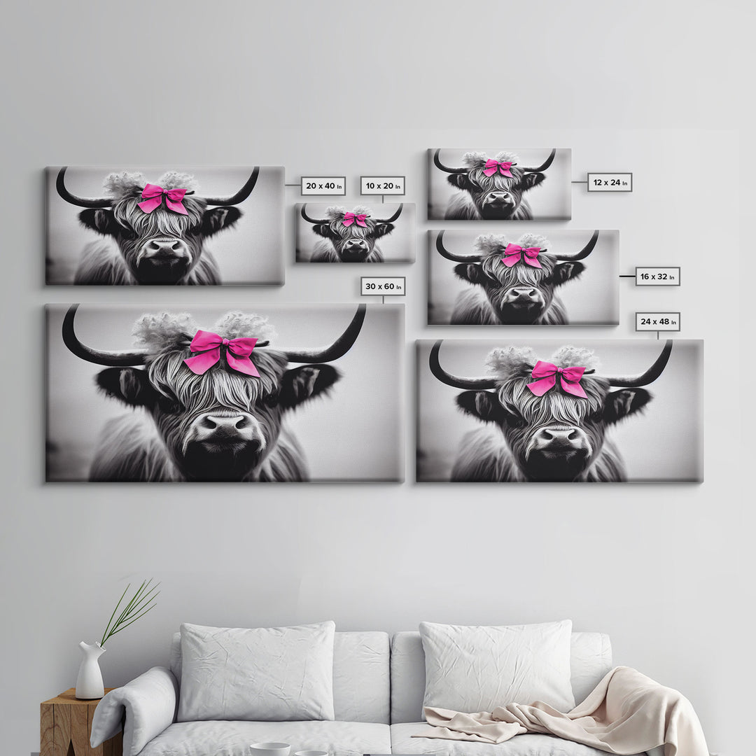 Cute Highland Cow wearing a Bow, Pink Bow on a Cute Cow, framed canvas print, black and white farmhouse cow art