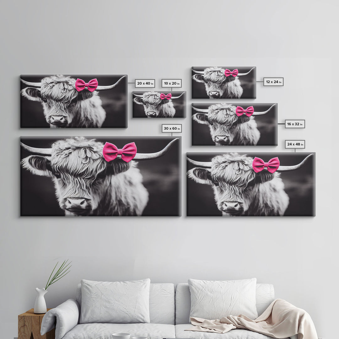 Highland cow canvas wall art, farmhouse decor, black and white cow, cute cow wearing a pink bow, framed canvas print, Scottish cow art