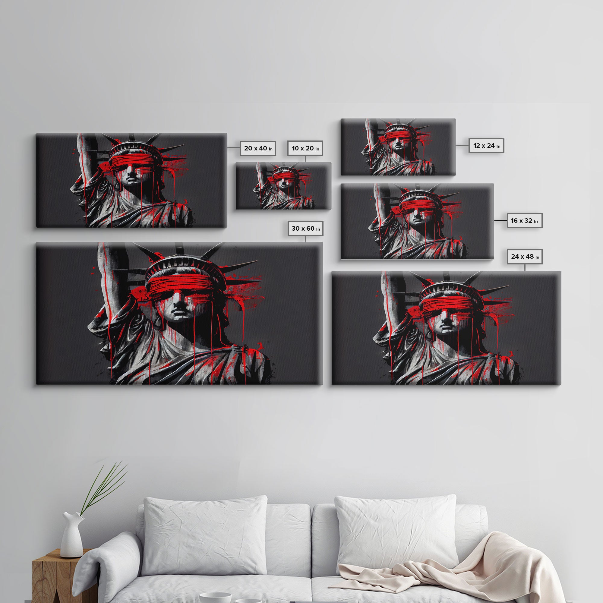 Statue of liberty wearing a bloody blindfold, Dystopian graffiti art, NYC, framed canvas print, pop art Statue of Liberty