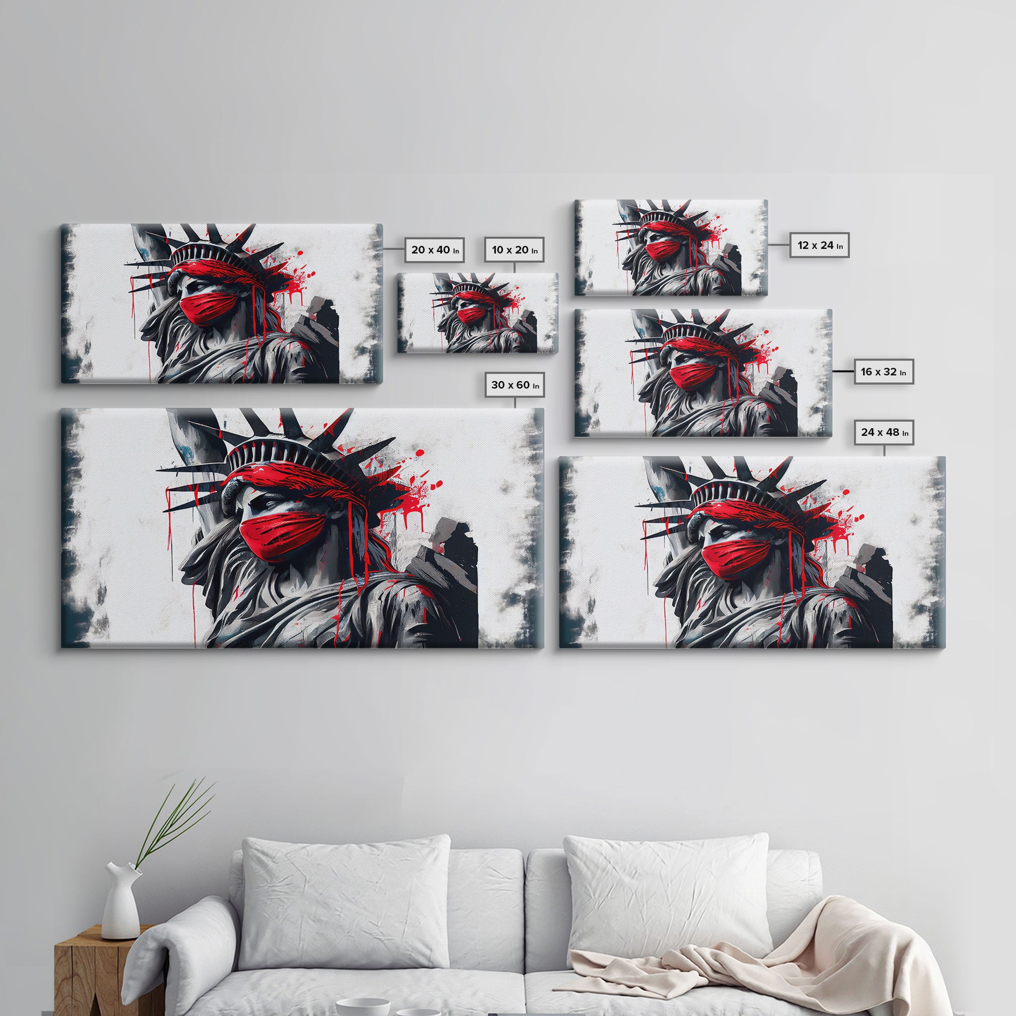 Statue of liberty wearing a bloody Covid mask, Dystopian graffiti art, NYC, framed canvas print, pop art Statue of Liberty