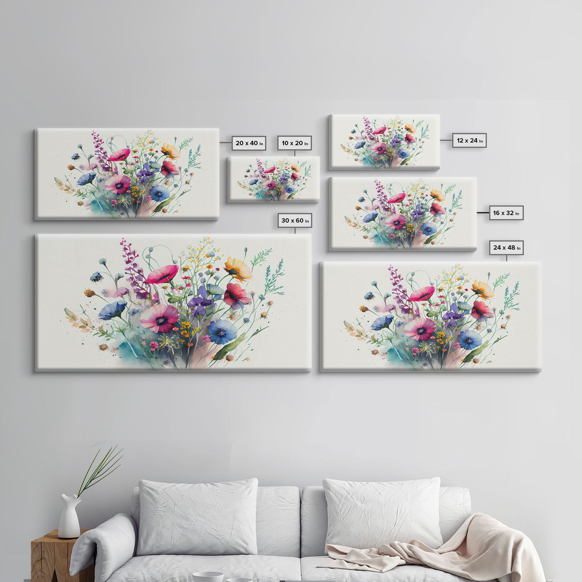 Wildflowers, Watercolor Floral Print, Framed Canvas Art, Beautiful watercolor flower art