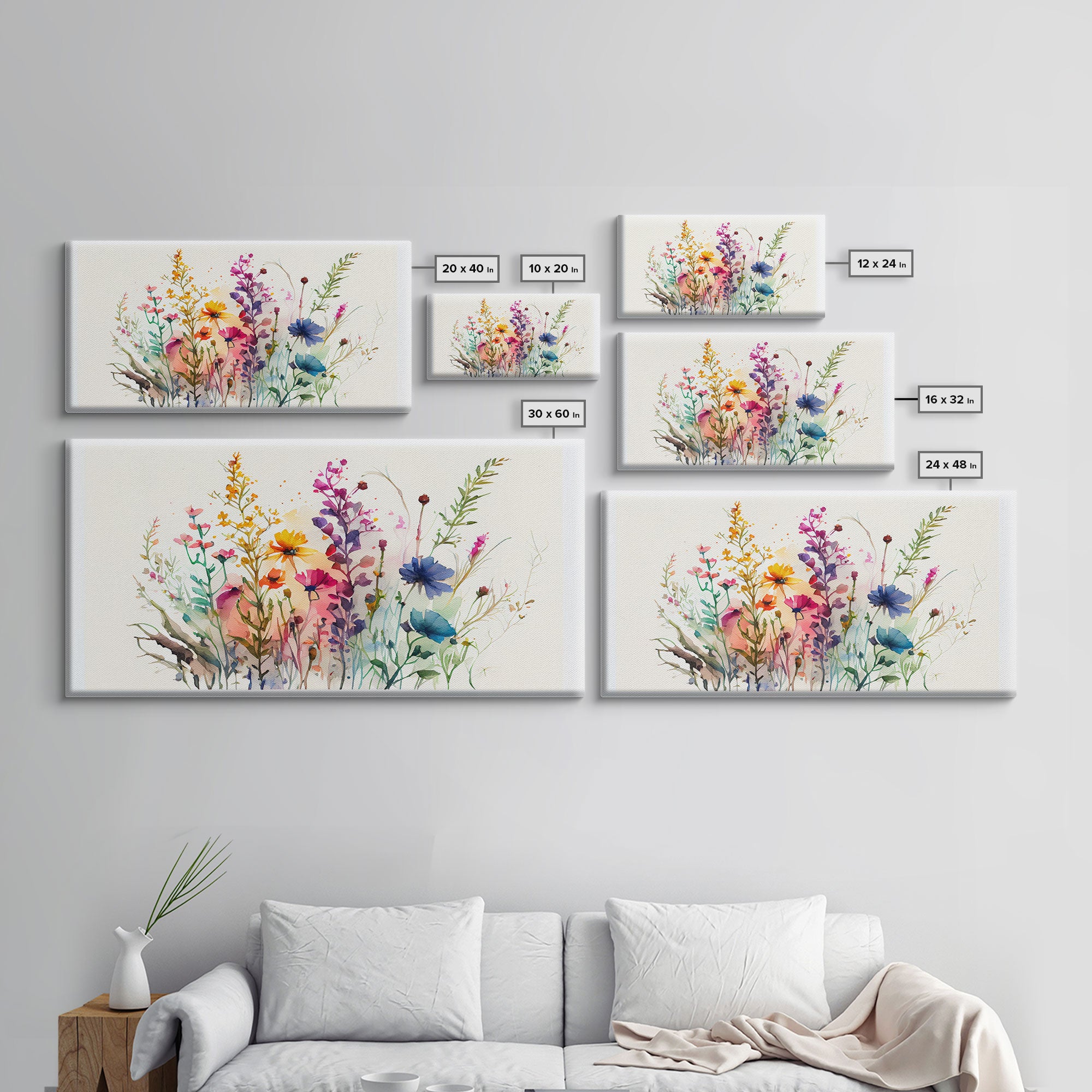 Panoramic Wildflower Canvas Print, Watercolor Flowers, Farmhouse Decor, Meadow Grass, Bedroom Wall Decor, Pastel Colors, Botanical Greenery