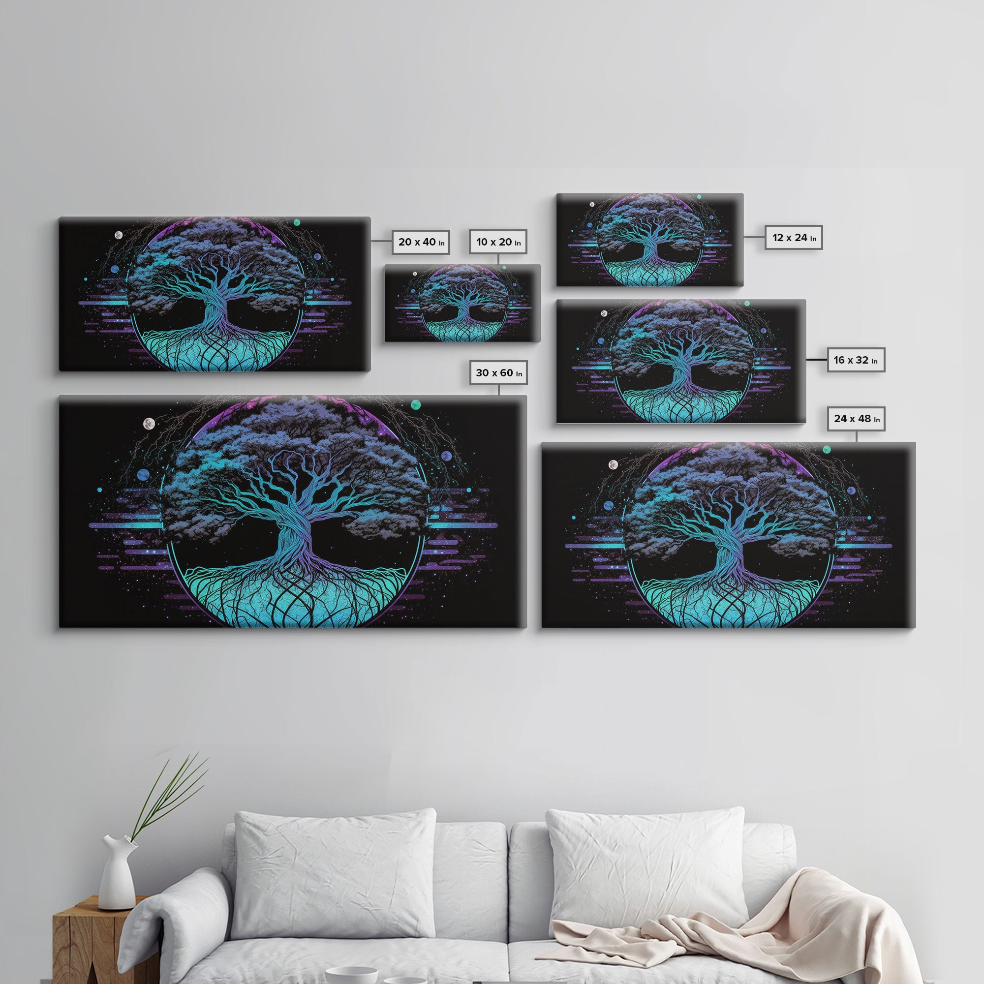 Norse Mythology Art, Synthwave Style Yggdrasil Tree of Life and the 9 Realms, Fantasy Art, Framed Canvas Print, Game Room Nordic Art