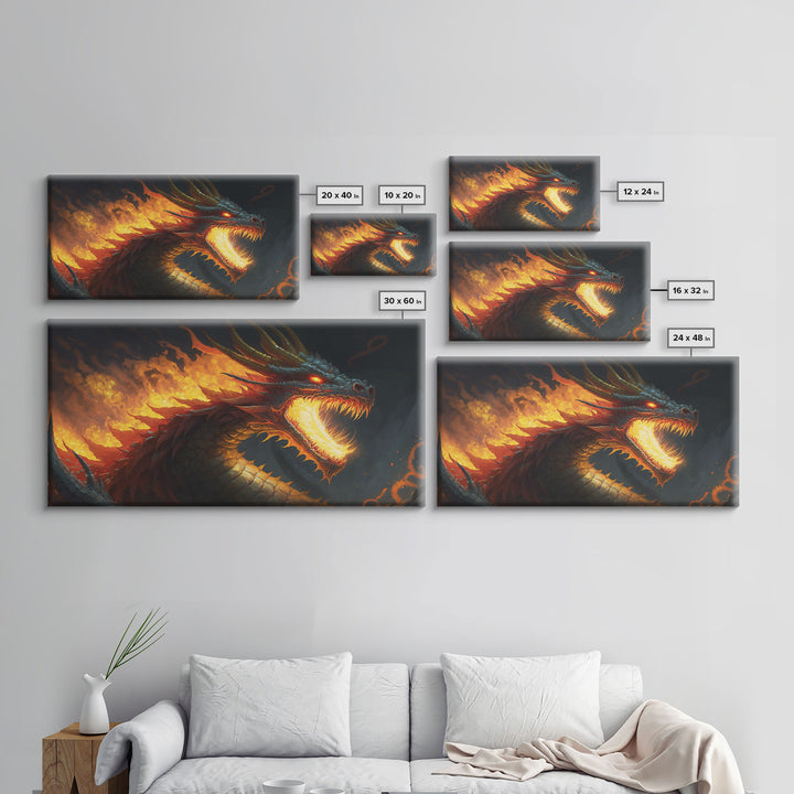 Fire Breathing Horned Dragon, Framed Canvas Print, Colorful Fantasy Wall Art, Videogame Concept Decor