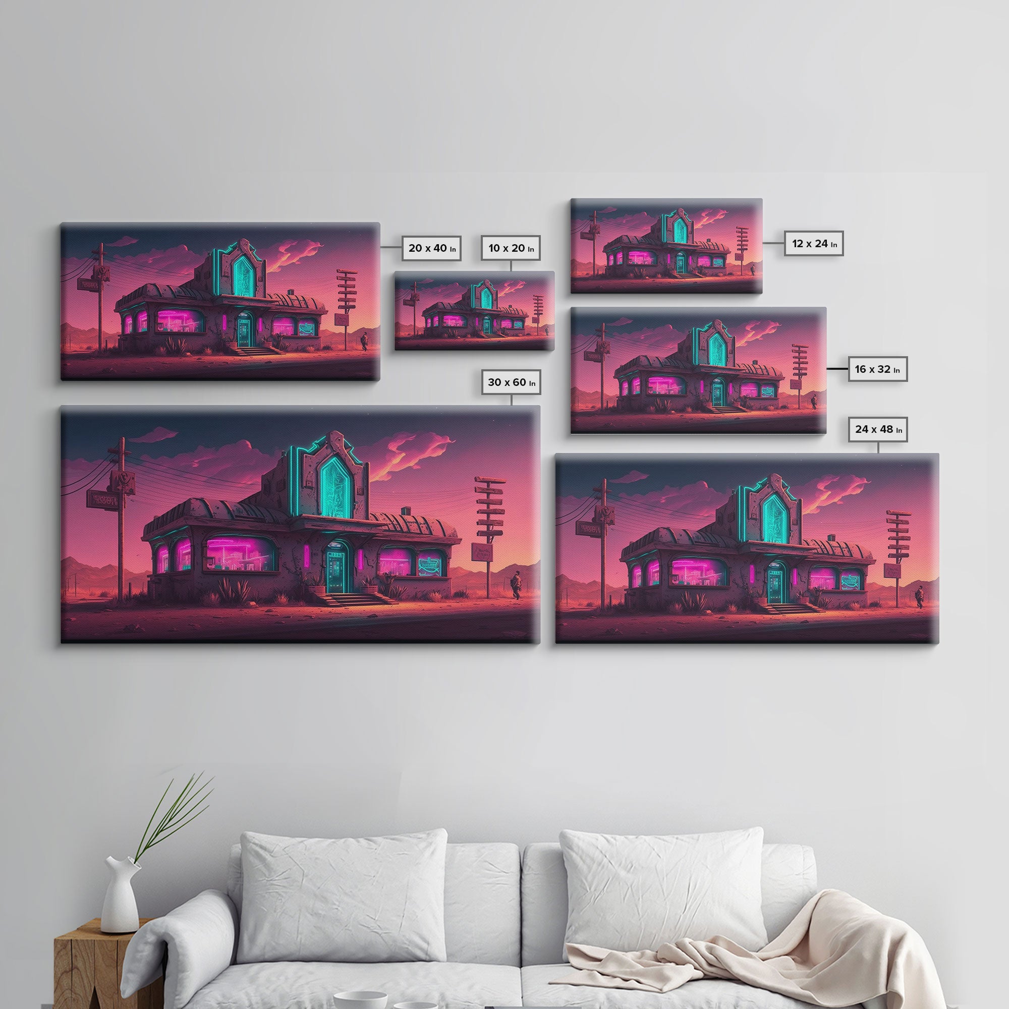 Art Deco Cyberpunk Diner, Wild West Mashup Art, Framed Canvas Print, Neon Art, Wild West Concept Art