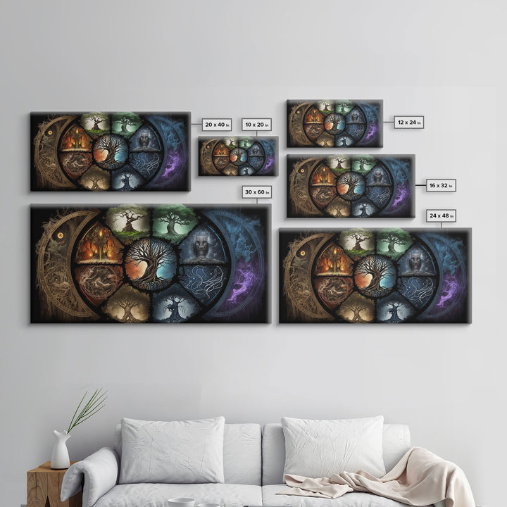 The Interconnected 9 Realms of Norse Mythology with Yggdrasil, Nordic Art, Framed Canvas Print, Nine Realms, Viking Art