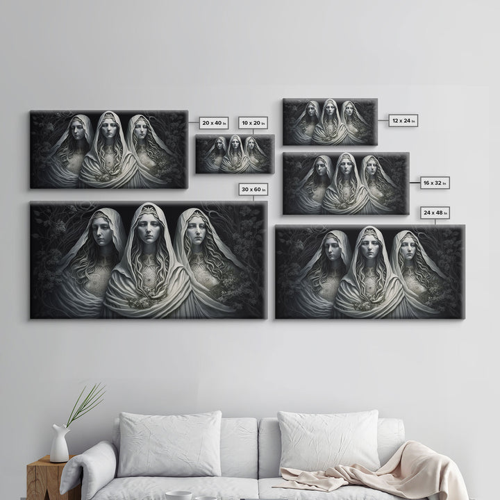 The Norns, Norse Mythology, Weavers of Fate, Framed Canvas Print,  Urðr, Verðandi, and Skuld, Black and White Norse Fantasy Art