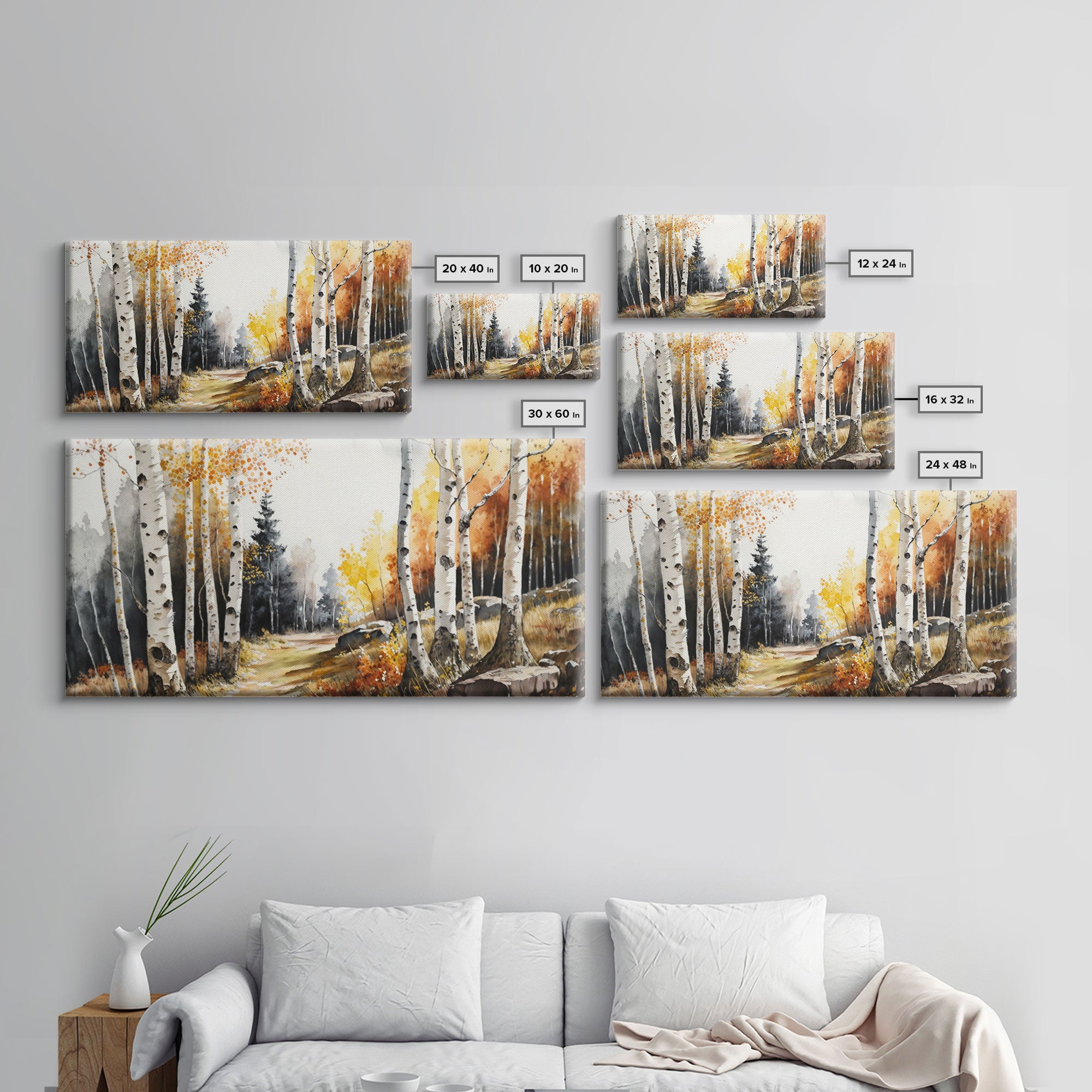 Watercolor Birch Trees Painting Canvas Print, Yellow Birch Forest, Birch Tree Art, Birch Tree Painting, Fall Decor, Birch Tree Wall Art