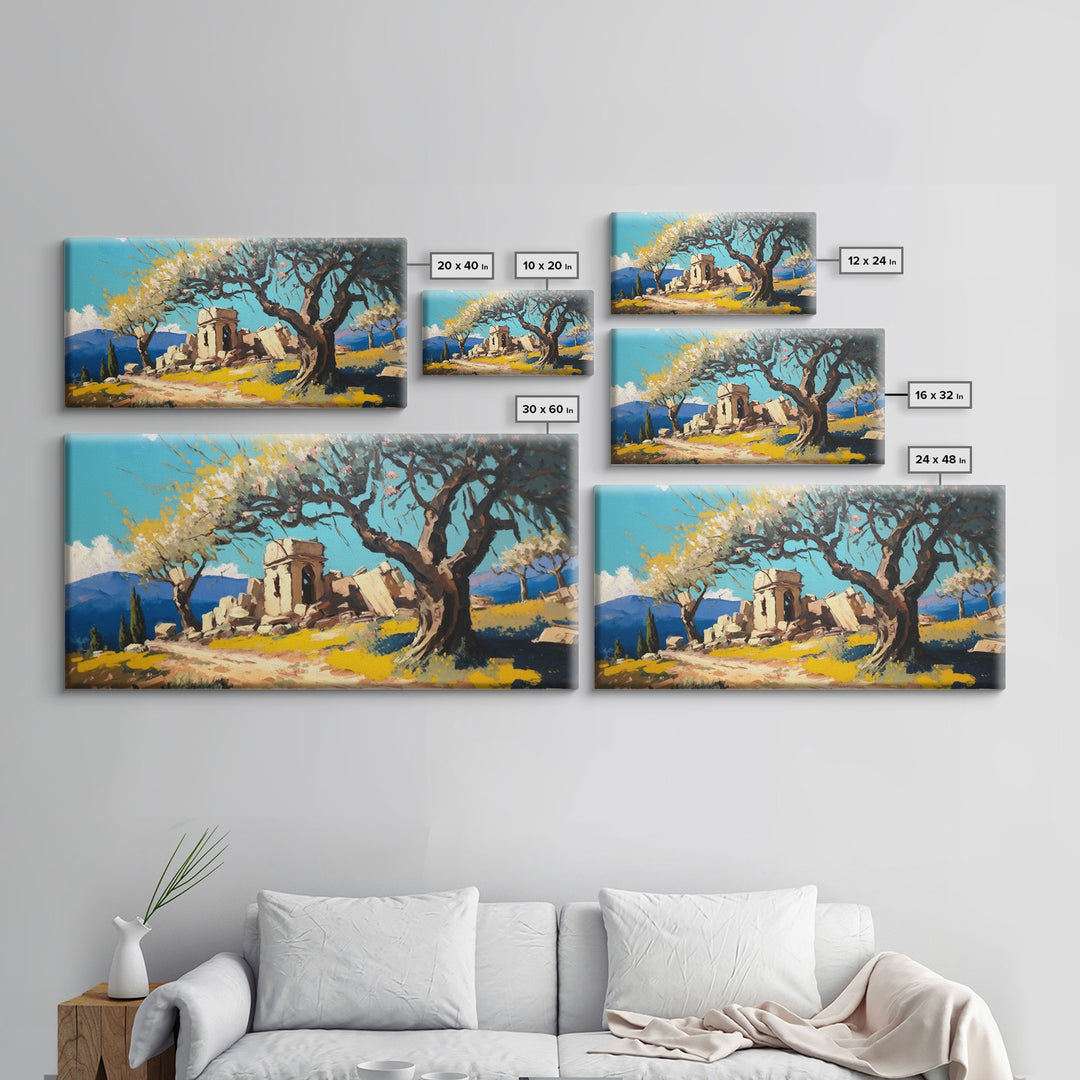 Ancient Roman Ruins, Framed Canvas Print, Old World Art, Olive Tree Amongst The Ruins, Living Room Decor