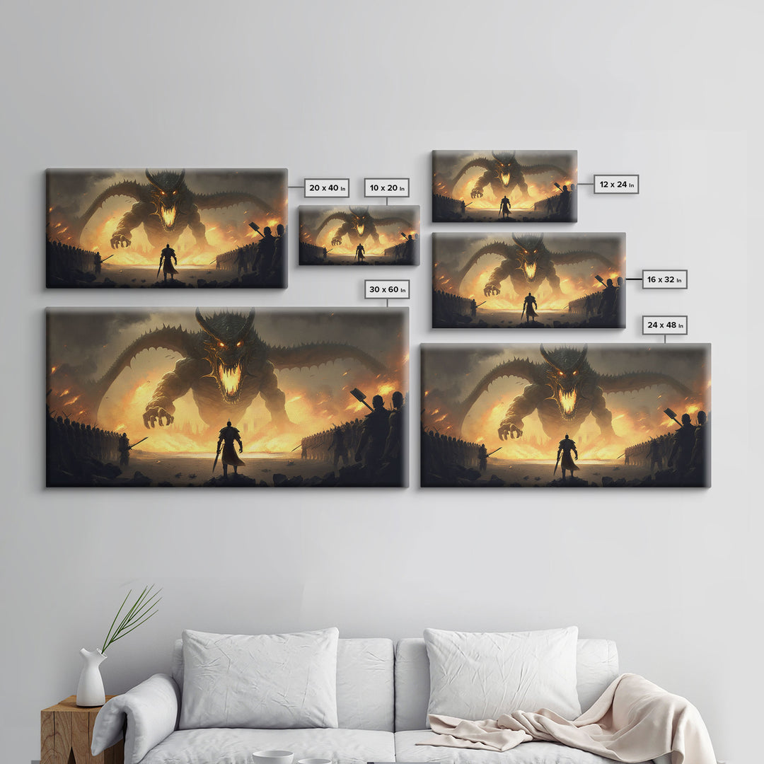 Warrior Facing Down a Dragon, Framed Canvas Print, Unique Fantasy Wall Art, In The Time of Dragons