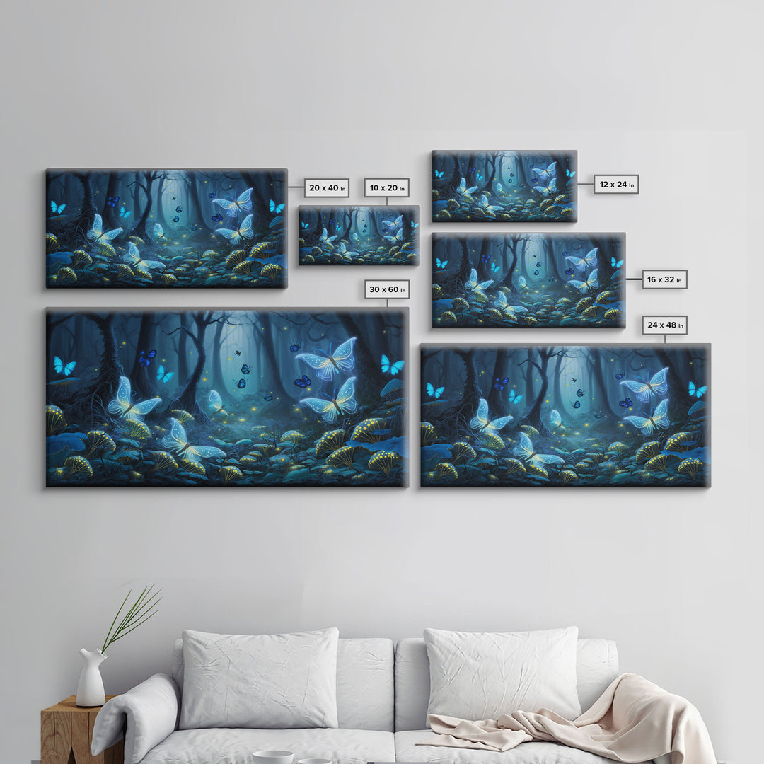 Magical Enchanted Fairy Forest, Fantasy Art, Framed Canvas Print, Bioluminescent Butterflies in an Enchanted Forest, Glowing Art