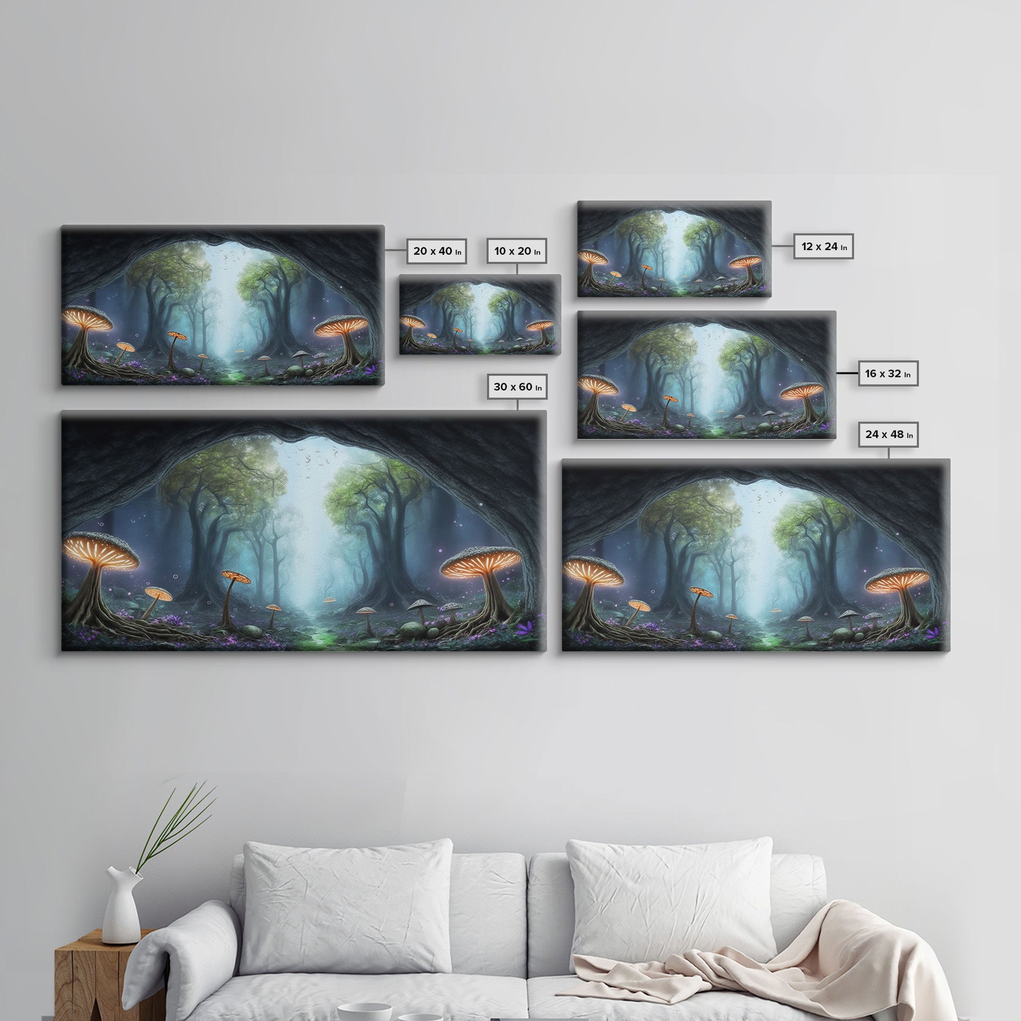 Magical Enchanted Mushroom Forest, Fantasy Art, Framed Canvas Print, Bioluminescent Butterflies in an Enchanted Forest, Glowing Art