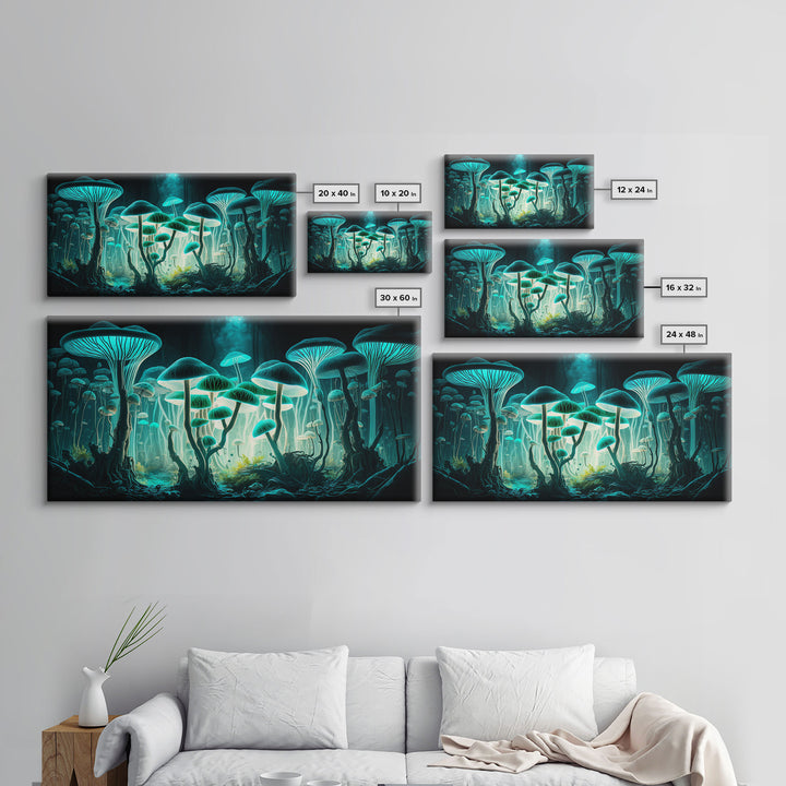 The Forest Floor, Framed Canvas Print, Glowing Mushrooms, Bioluminescent Mushroom Art, Color fantasy wall art