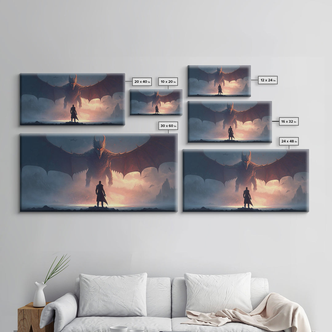 Warrior Facing Down a Dragon, Framed Canvas Print, Unique Fantasy Wall Art, In The Time of Dragons