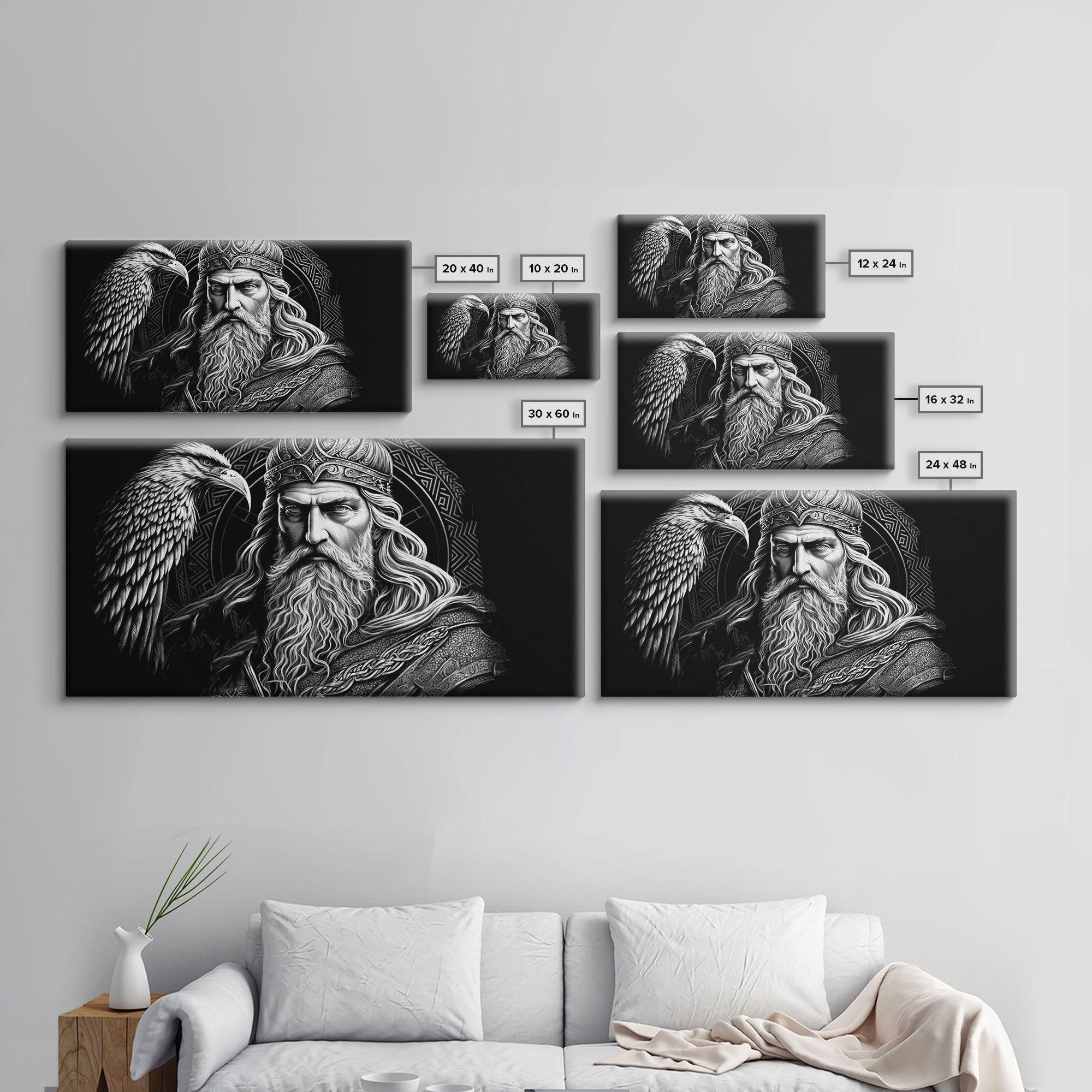 Black and White Portrait of Odin and Muninn, King of The Gods, Framed Canvas Print, Odin's Ravens, Norse Mythology Art