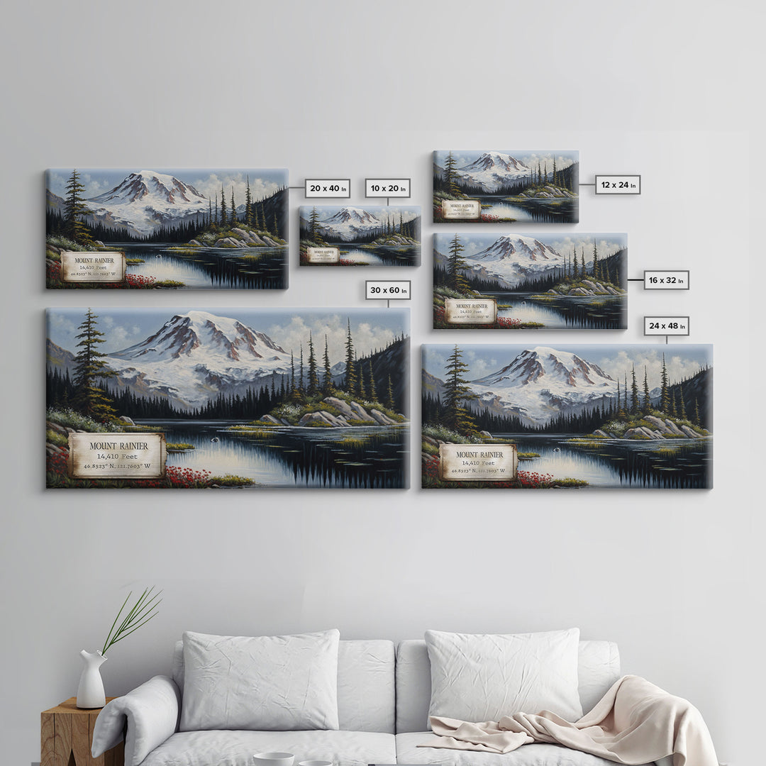 Mount Rainier, Travel Poster Wall Art, Framed Canvas Print, American Mountains, Mountain Landscape Painting, Washington State Art