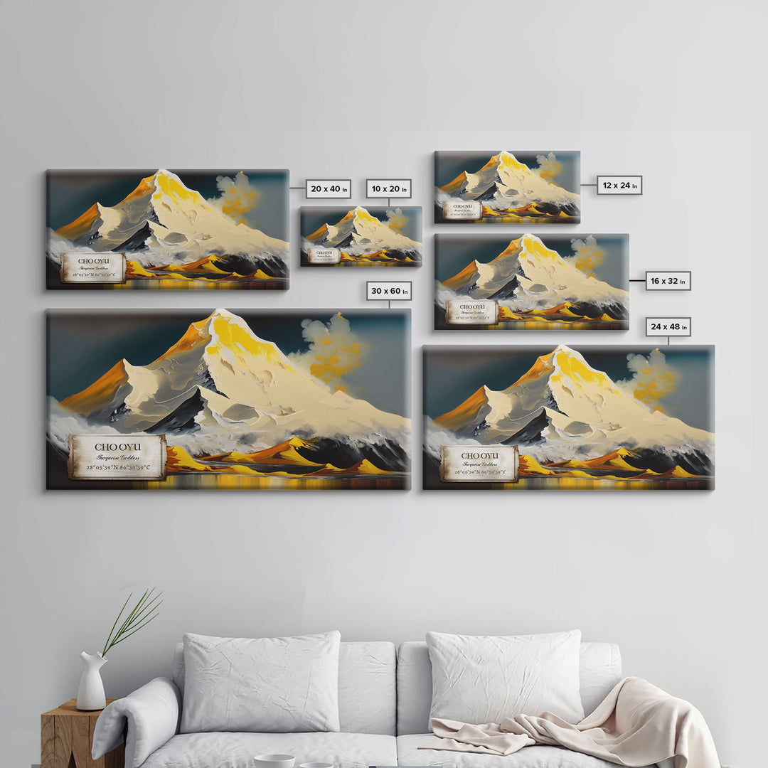 Cho Oyu, The Turquoise Goddess, Travel Poster, Framed Canvas Print, Mountain Landscape Painting, Original Painting Print