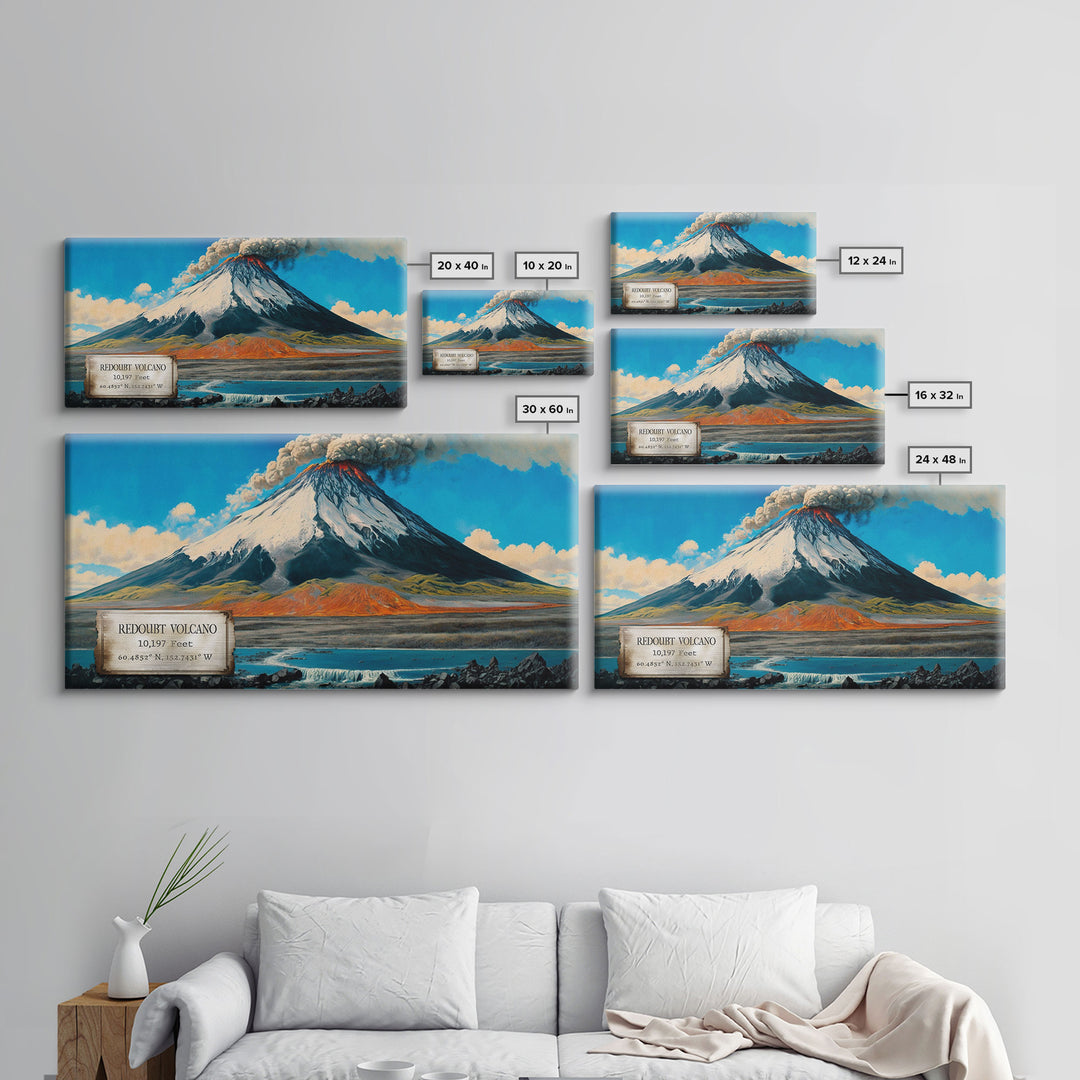 Mount Redoubt, Volcanos of Alaska, Travel Poster Wall Art, Framed Canvas Print, American Mountains, Mountain Landscape Painting