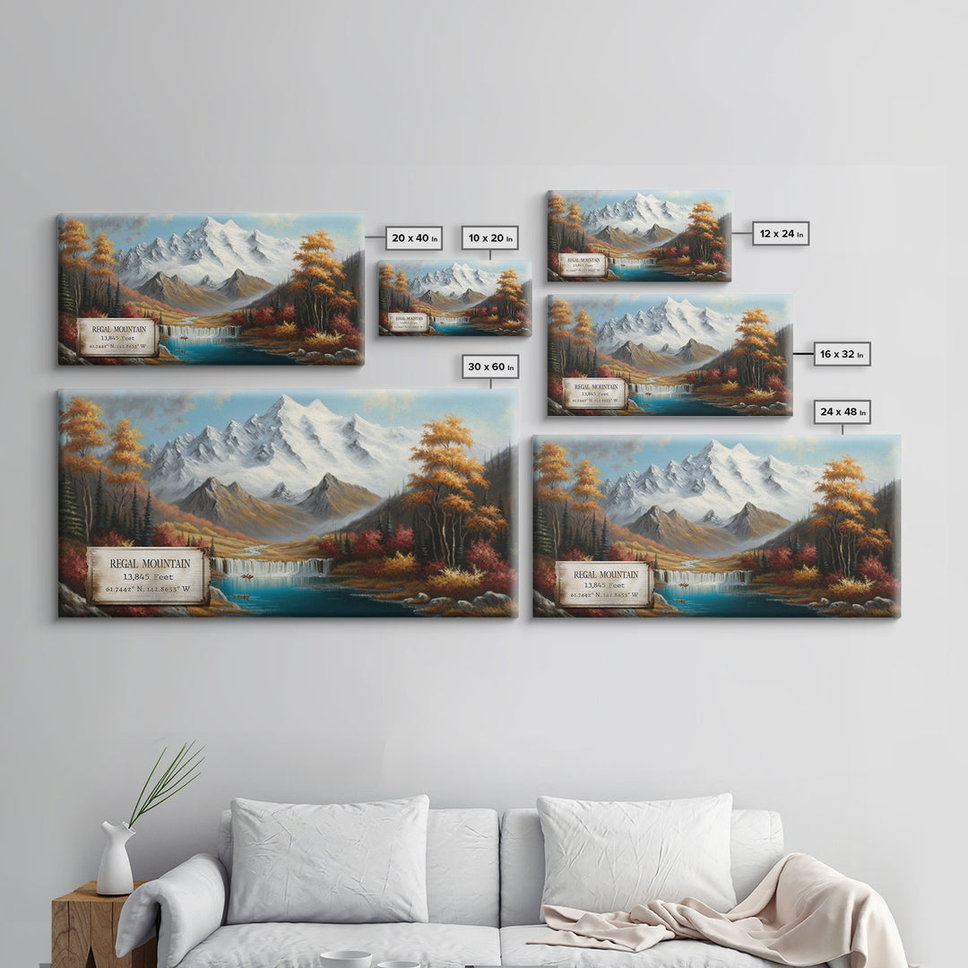 Regal Mountain, Travel Poster Wall Art, Framed Canvas Print, American Mountains, Mountain Landscape Painting, Wrangell Mountains Alaska