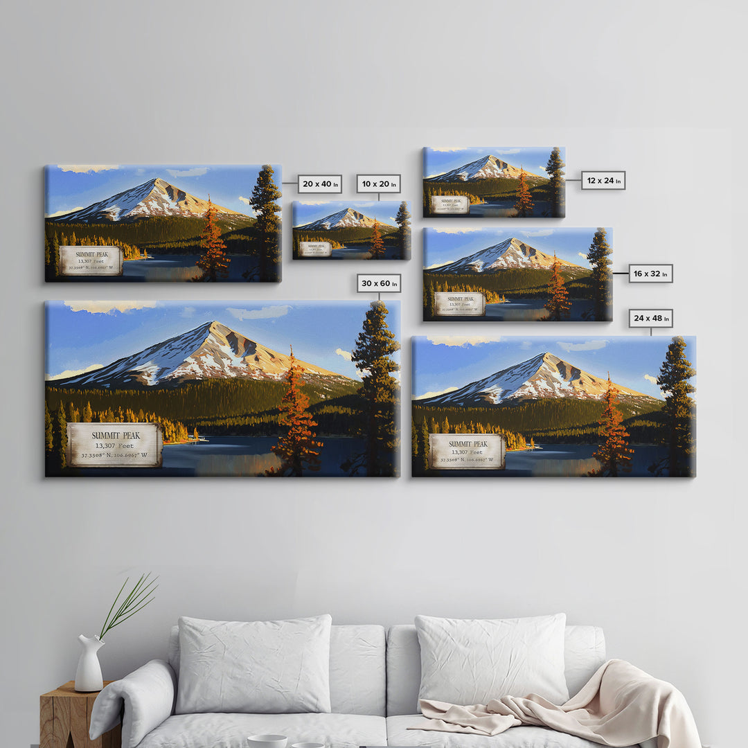 Summit Peak, Travel Poster Wall Art, Framed Canvas Print, American Mountains, Mountain Landscape Painting, Mountains of Colorado